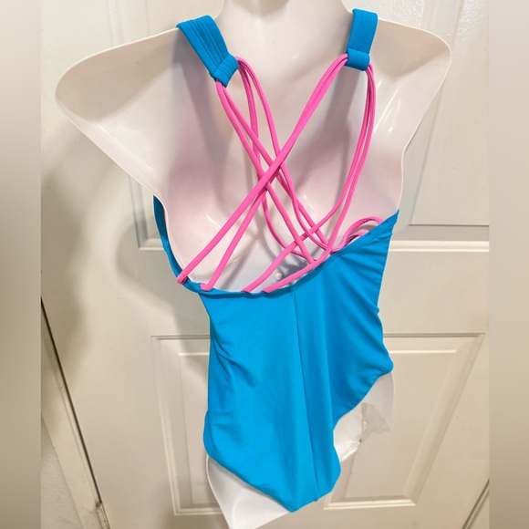 Adidas one piece logo cross back blue & pink swimsuit medium - Picture 3 of 9